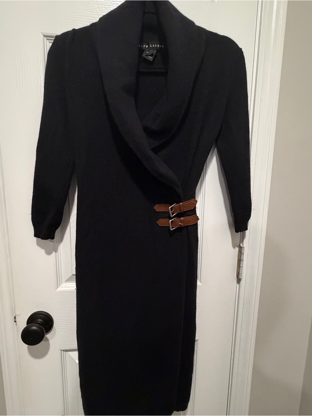 Ralph Lauren Black Cashmere Blend Sweater Dress S Leather Buckle Wrap Midi